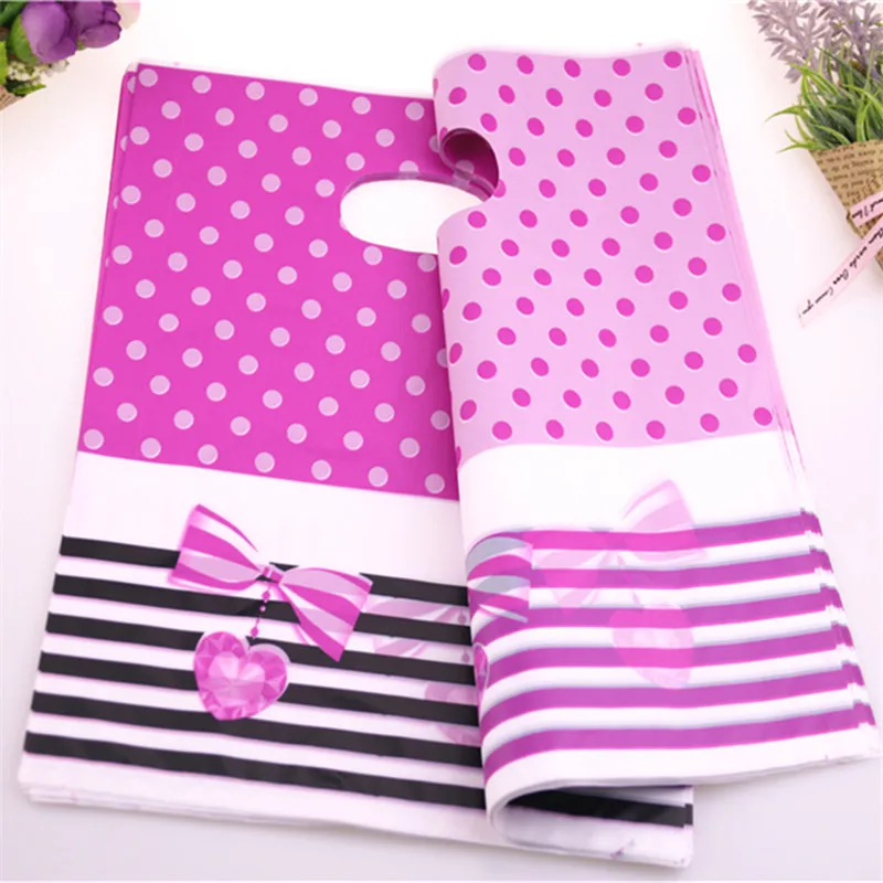 100pcs/lot 20*25cm Pink Gift Packaging Bags With Sweet Heart Plastic Shopping Bags With Polka Dot