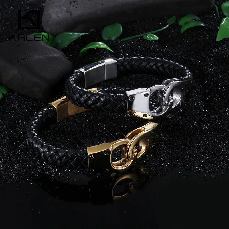 Kalen Italian Gold Color Handcuff Leather Bracelets For Men Fashion Stainless Steel 22CM Cheap Braided Leather Bracelets Jewelry