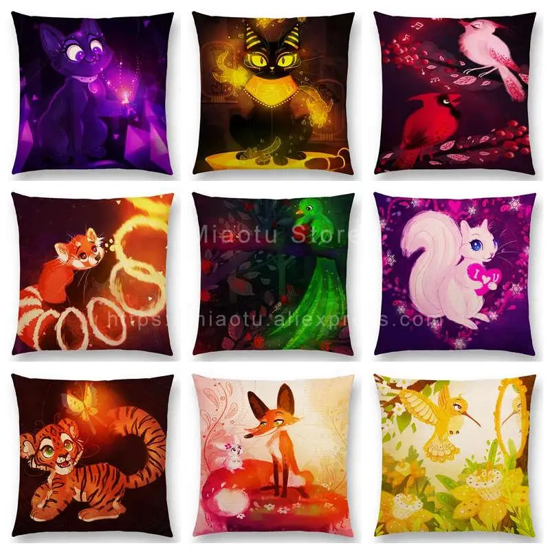 Cute Cartoon Animals Amethyst Kitty Raccoon Squirrel Fox Sofa Throw Pillowcase Tiger Quetzal Cat Bird Sapphire Cushion Cover