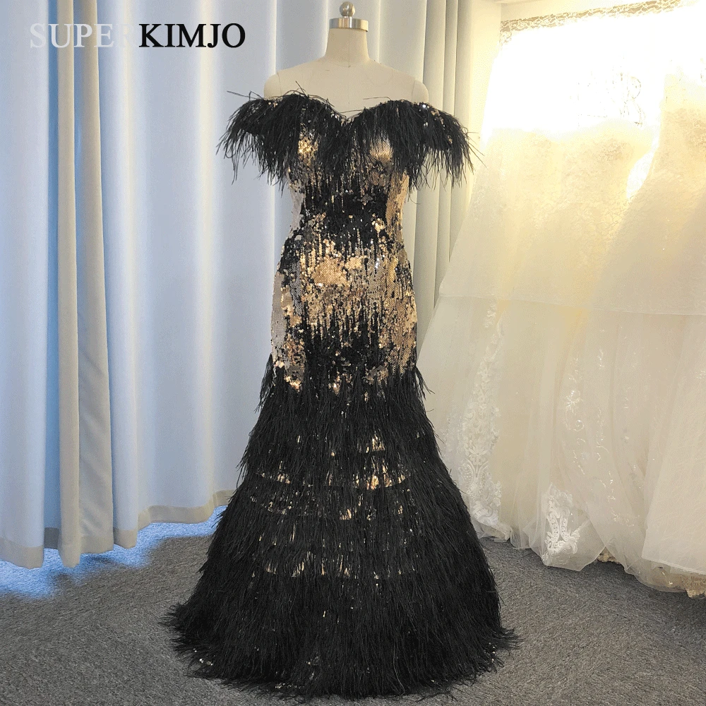 

SuperKimJo Vestidos De Fiesta Black Sparkly Evening Dresses Long Feather Mermaid Modest Elegant Formal Evening Gown Abendkleider