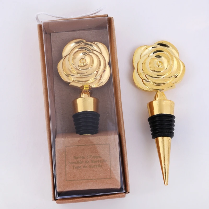 

50pcs/lot Luxury Gold Rose Red Wine Stoppers With Gift Boxes Rose Flowers Wine Bottle Stopper Party Favors Wedding Giveaways