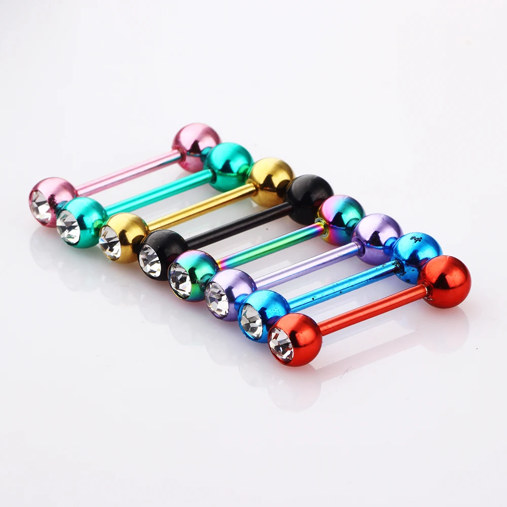 TIANCIFBYJS Anodized Crystal Body Jewelry Ear Piercing Cartilage Women Tongue Rings Stainless Steel Tongue Barbells Mix 8 Colors