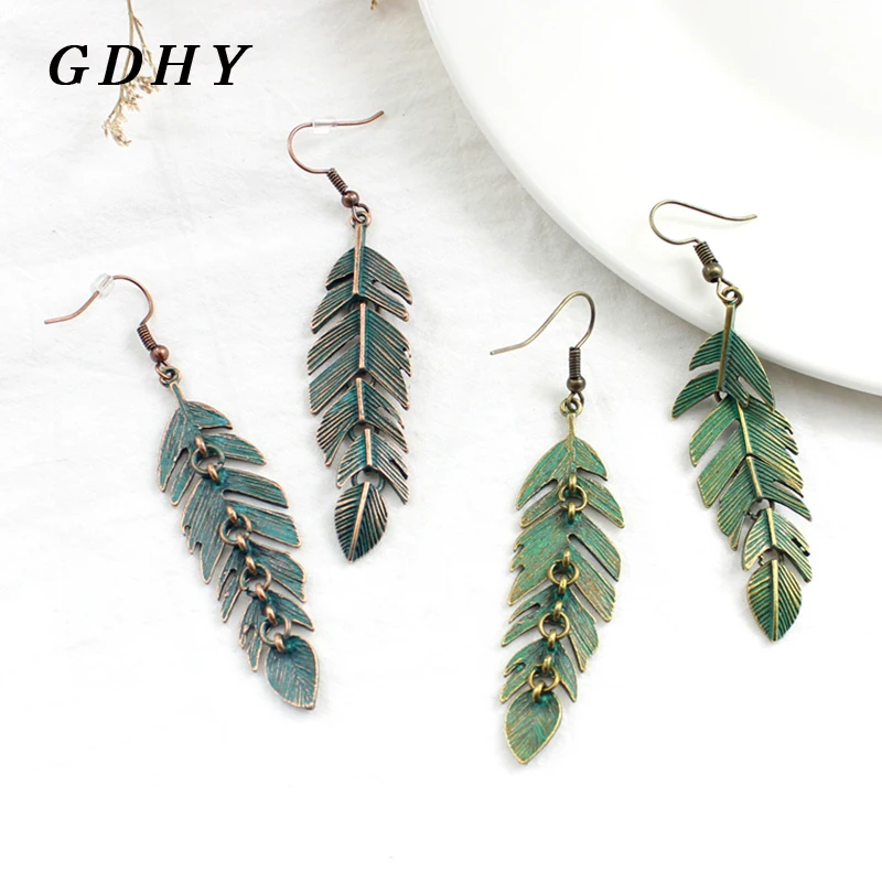 GDHY Boho Green Leaves Tassel Drop Earrings Bohemian Ethnic Alloy Dangle Drop Earrings Jewelry For Women Earrings Jewelry