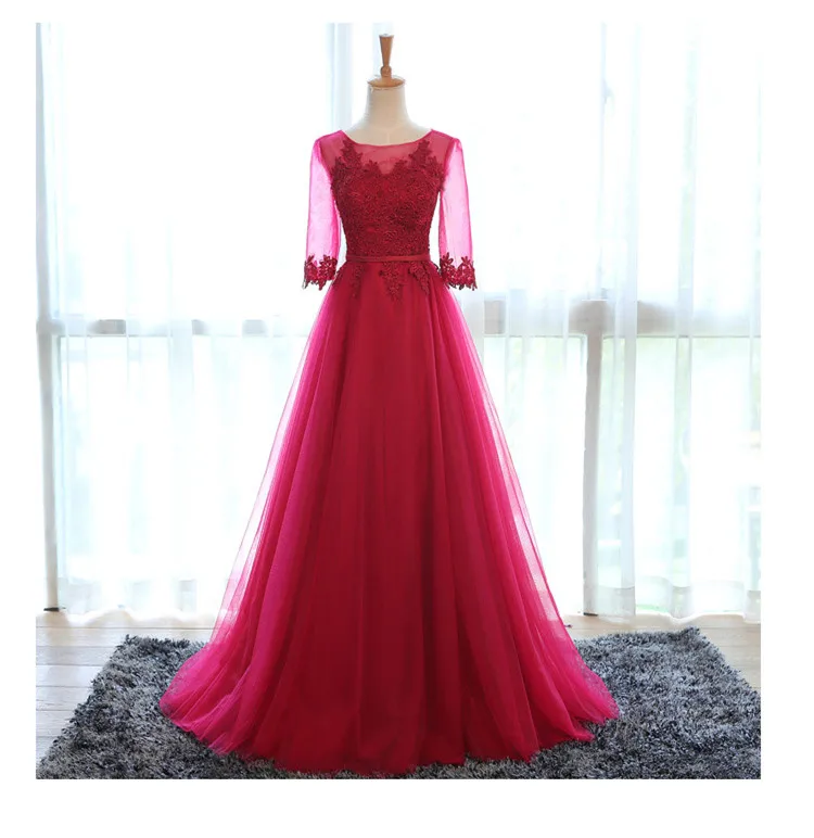 SSYFashion-Robe de Soirée en Dentelle Transparente, Rose Doux, Col Rond, Demi-Manches, Broderie, Ligne A, Longue, Tenue de Bal