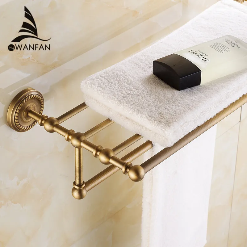 Bathroom Shelves 2 Tier Rails Antique Brass Towel Rack Bath Shelf Towel Holder Hangers Classic Home Deco Wall Towel Bars HJ-1312