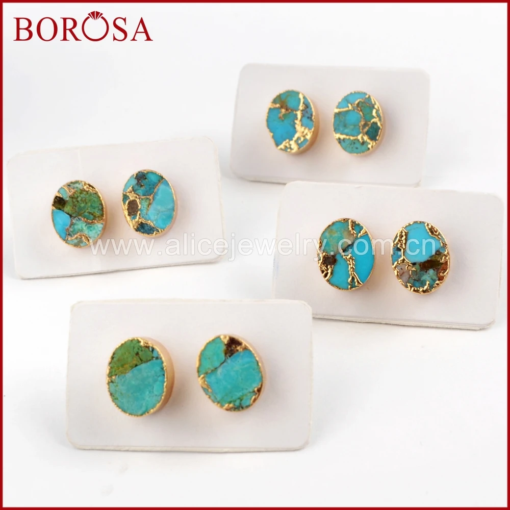 

BOROSA 5/10Pairs Fashion Gold Color Oval Copper Natural Turquoises Stud Earrings Jewelry Natural Blue Stone Women Earring G1546