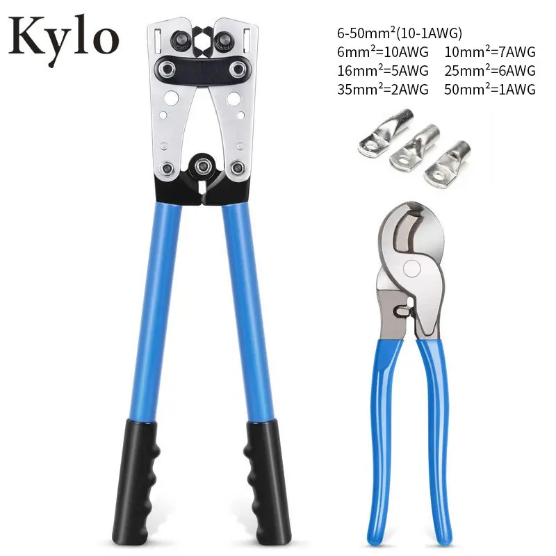 HX-50B Battery Cable Lug Crimper Tool 6-50mm², Wire Crimping Tool, Pliers for Crimp Wire Cable Cutter for 10,8,6,4,2 and 1/0 AWG