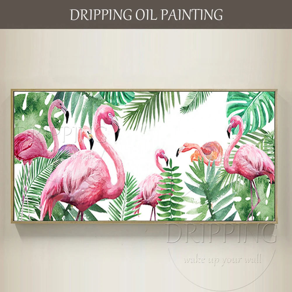 

New Design Hand-painted High Quality Funny Animal Flamingo Oil Painting on Canvas Modern Flamingos Oil Painting for Wall Decor