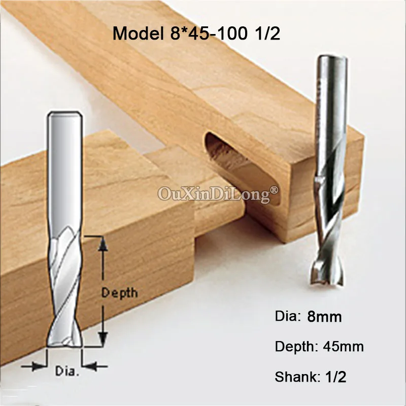 1PCS Woodworking Milling Cutter Dia 8mm, Upcut Spiral Router Bit, 1/2 Shank, Model 8*45-100 1/2 JF1653