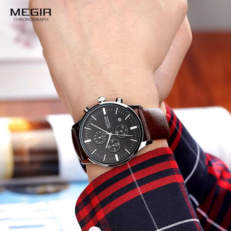 Megir – montre à quartz pour hommes, lumineuse, étanche, sport, business, bracelet en cuir, livraison gratuite, 2011