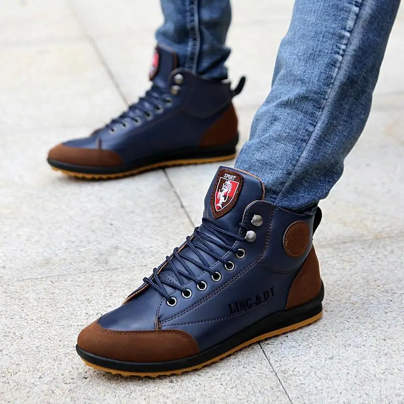 Winter Leather Hot Sale Mens Leather Casual Shoes Round Toe Winter Big Size Male Winter Casual Flat Shoes High Top Shoes