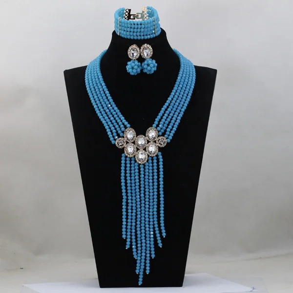 Trendy Blue Crystal Jewelry Sets Long Design Women Beads Necklace African Wedding Bridal Jewelry Sets Free Shipping ABH163