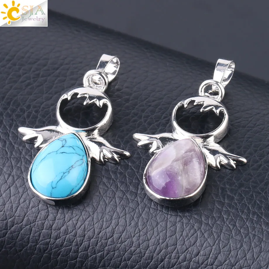 CSJA Angel Wings Natural Stones Pendants Pink Quartz Fairy Angels Pendant for Necklaces Women Girls Jewelry Christmas F753