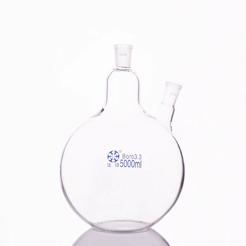 

Two-necked flask oblique shape,with two necks standard grinding mouth,Capacity 5000ml 24/40,Two-necked flat bottom flask