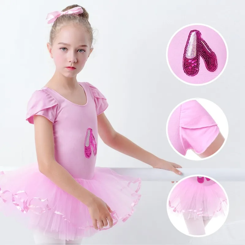 Roze Ballet Jurk Voor Meisjes Kids Tutu Pailletten Dans Slijtage Kind Korte Mouwen Prinses Puffy Jurk Dans Kostuums