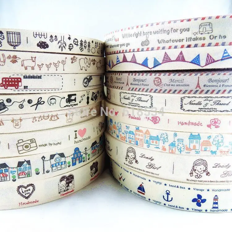 Mixed 16 Models Wholesale15mm 20mm 25mm Mixed Printed Cotton Ribbon Fabric Sewing Tape DIY ZAKKA Handmade Label  16 yards Y-140