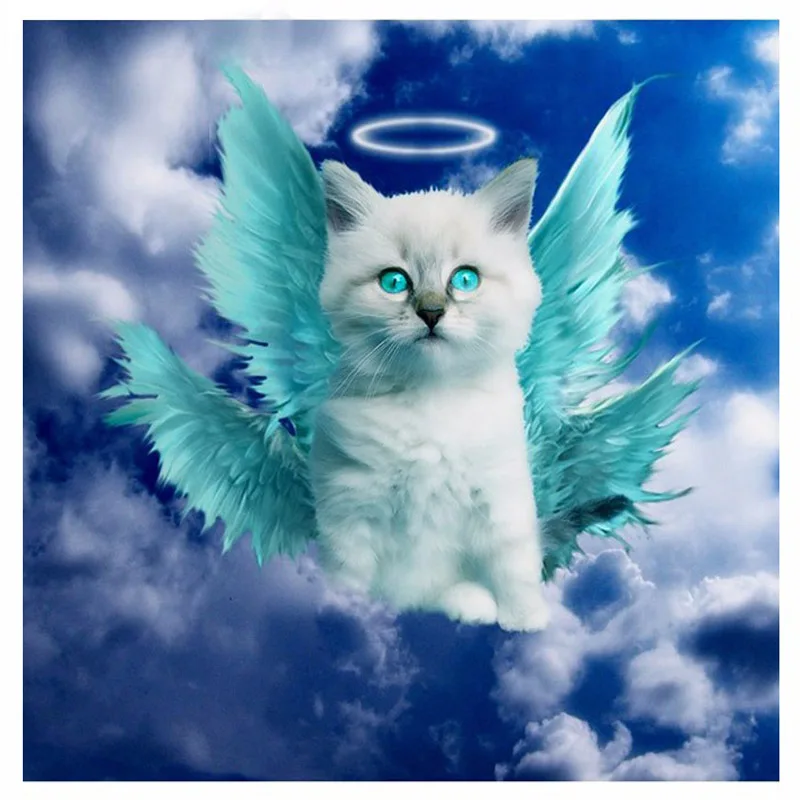 5D DIY Diamond Painting Cat Full Square Diamond Embroidery Cross Stitch Angel Cat with Blue Eyes Needlework Home Decorative