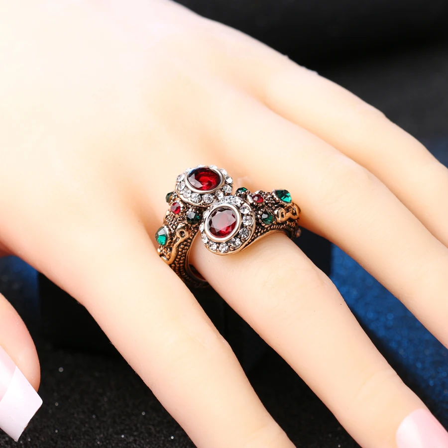 Turkish Red  Rings Antique Gold Color Women\'s Jewelry Double Head Red Gem Stone Finger Ring Free Shipping