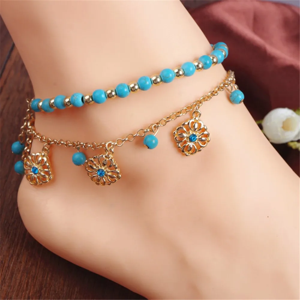 Fashion Bohemian Ethnic Summer Beach Ankle Blue Beads Foot Chains Flower Vintage Indian Jewelry Leg Bracelet Arm Anklet Jewelry