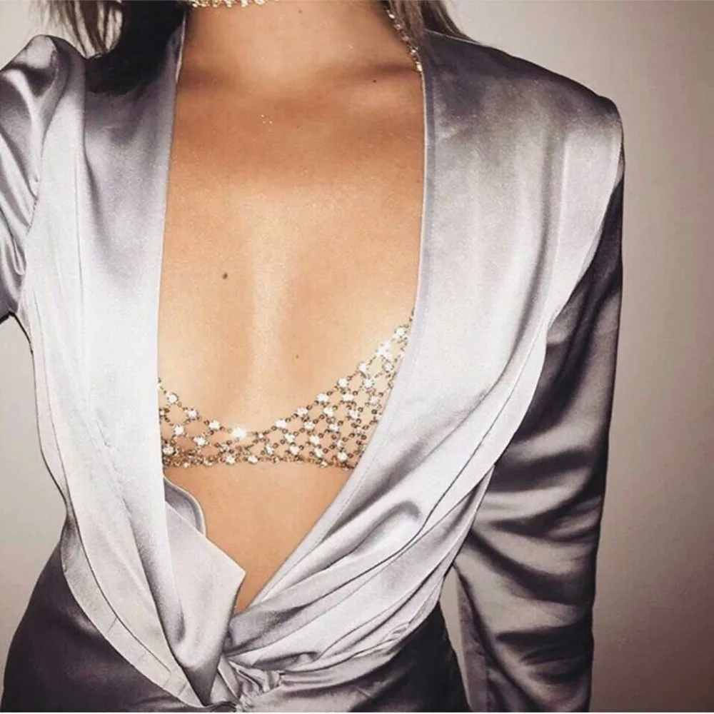 Summer Beach Mesh Sexy Hollow Chest Body Chain Crystal Bikini Bra Harness Statement Necklace for Women Waist Belly Body Jewelry