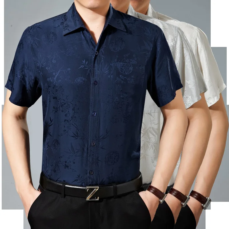 Camisa de seda natural para hombre, camisa de manga corta, informal, de media manga, Jacquard