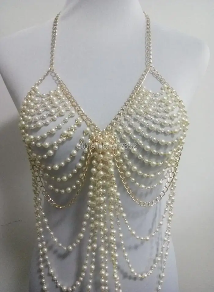 New Style Fashion Women Gold Colour Chains Imitation Pearls Beads Bra Body Chains Jewelry 2 Colors WRB21