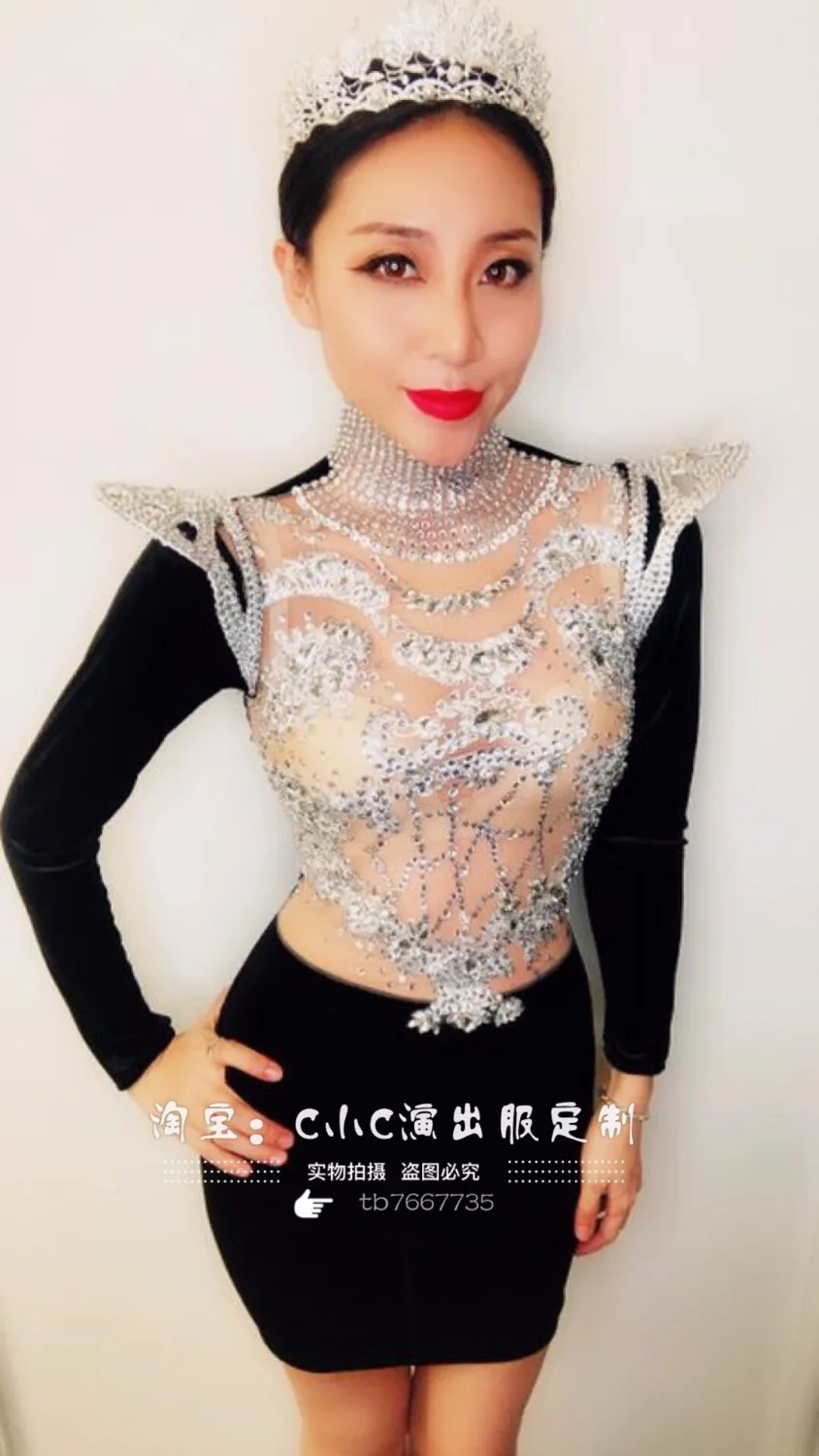 

Sparkly Silver Rhinestones Dress Stretch Slim Big Stones Female Singer Outfit Nightclub Birthday Party Stage Show Sexy Dresses