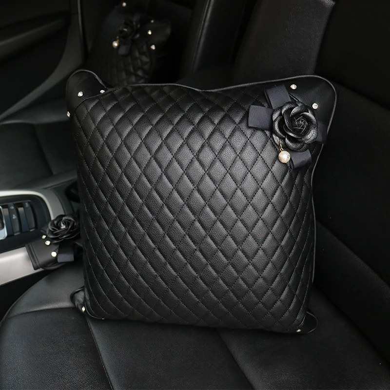 Pearl Black Camellia Flower Car Accessories Crystal Rhinestone Interior Decoration Leather Steering Wheel Cover Seat Pillows