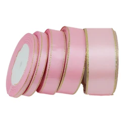 (25 yards/roll) pink gold Edge Satin Ribbon Wholesale Gift Christmas ribbons (6/10/20/25/40mm)