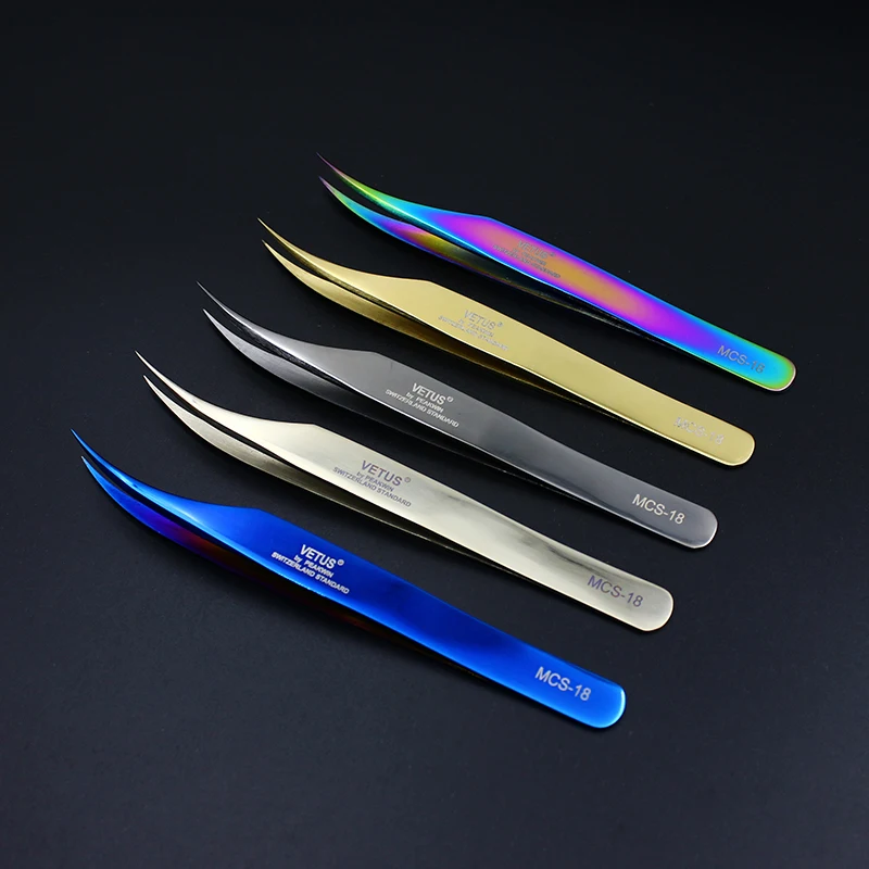 NEW 100% VETUS MCS18 /19  Rainbow Tweezers False Eyelash Extension Tweezer Stainless Steel Dolphin tweezers 5 color choose