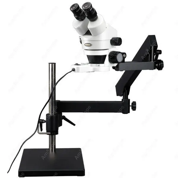 AmScope SM-7 Series Binocular Zoom Microscope 3.5X-90X on Articulating Stand + Base Plate and 56LED Ring Light