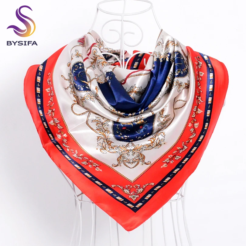 [BYSIFA] Navy Blue Beige Female Satin Silk Scarf Shawl Fashion Accessories Women Chain Flowers Pattern Autumn Winter Scarves