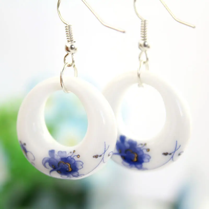 Fashion Romantic Blue and White Porcelain OL Earring Water Drop Little Flower Noble Elegant Erarrings Freeshipping Accessories