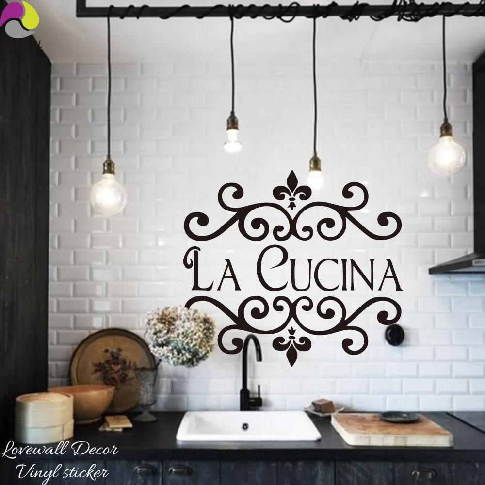 La Cucina Kitchen Wall Sticker Italian Kitchen Quote Wall Decor Flower Kitchen Cut Vinyl Decor Wall Art Mural free New DIY