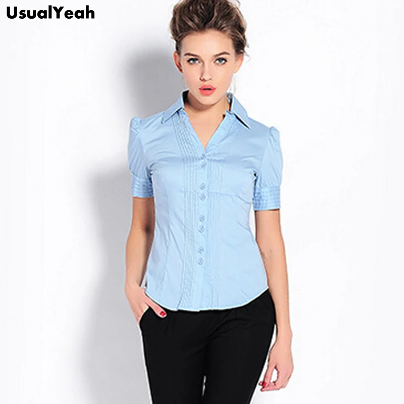 Pleated Dressy Women Blouses V Neck Solid Color Blouse Short Sleeve Shirt Slim Tops Black Blue White Ladies Office Shirt