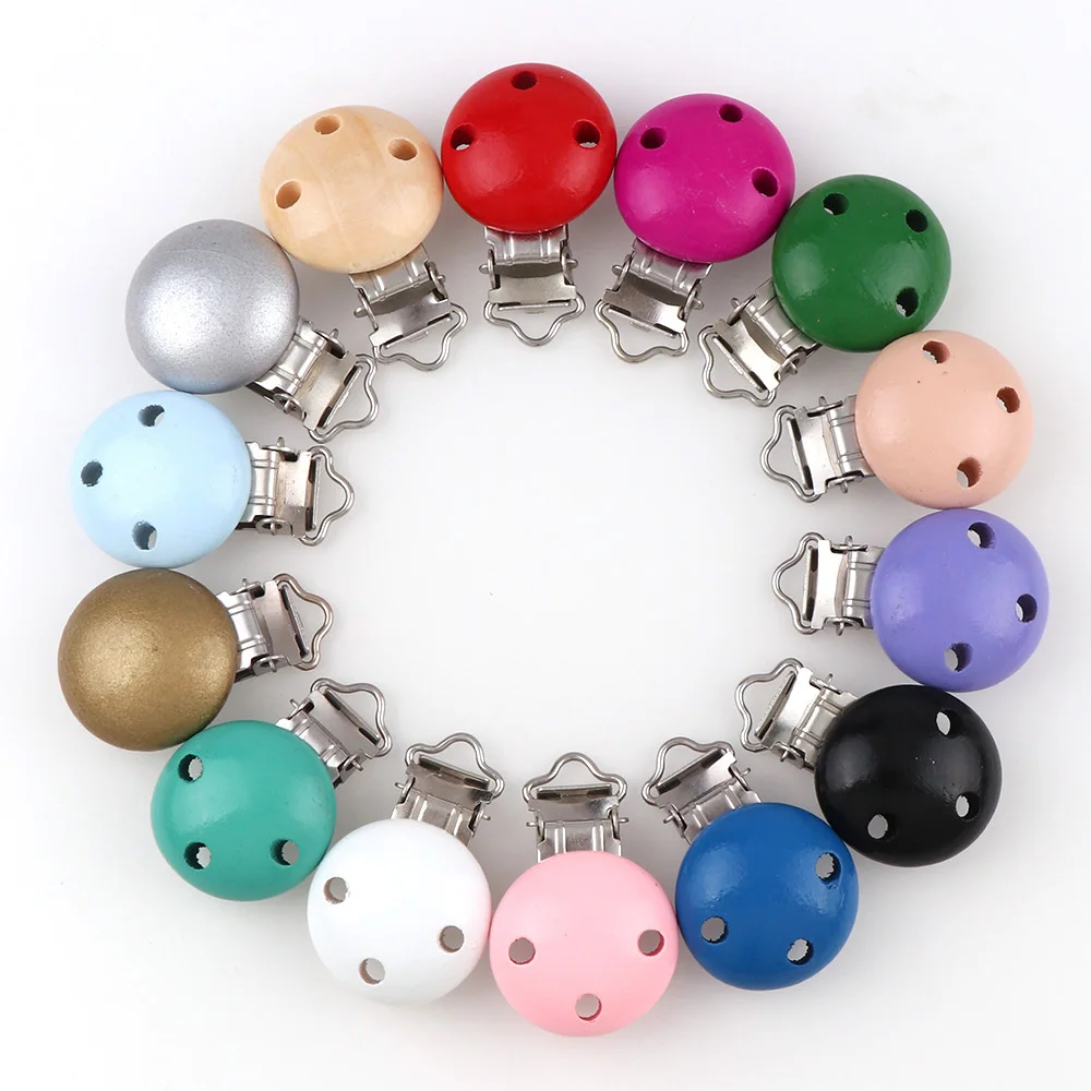 5Pcs/lot 14 Colors Metal Wooden Baby Children Pacifier Holder Clip Holders Cute Infant Round Nipple Clasps Holders Accessories