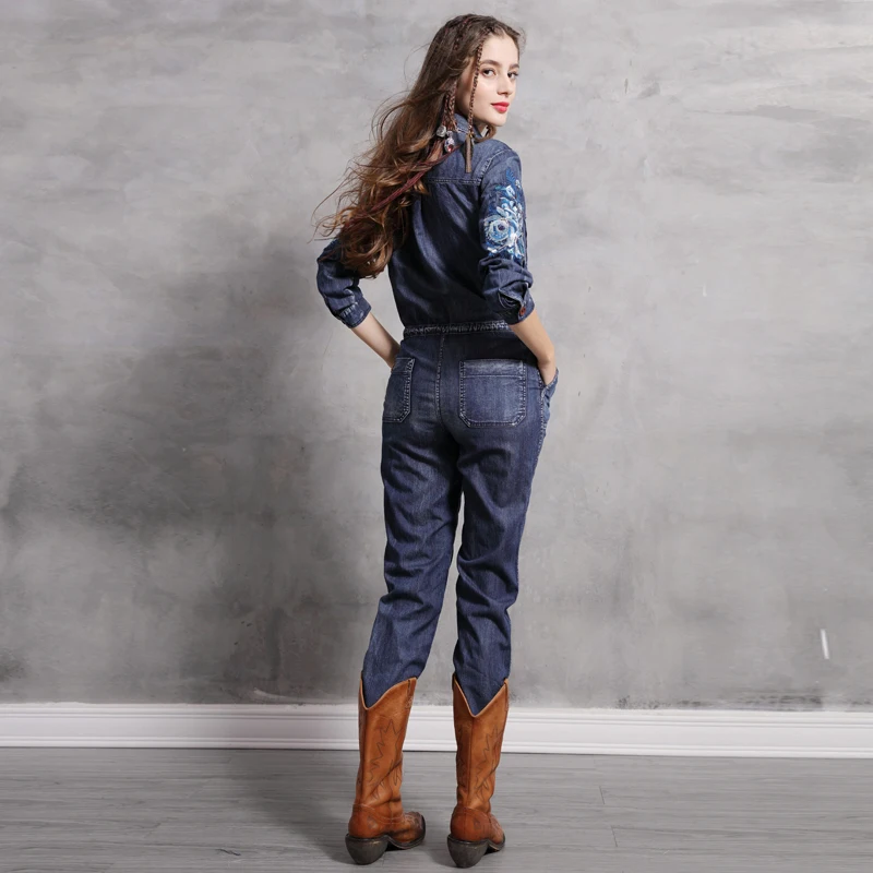 Yuzi.may – combinaison en Denim pour femmes, nouvelle collection 2019, col rabattu, Vintage, broderie, manches longues, combinaison pleine longueur, A82127