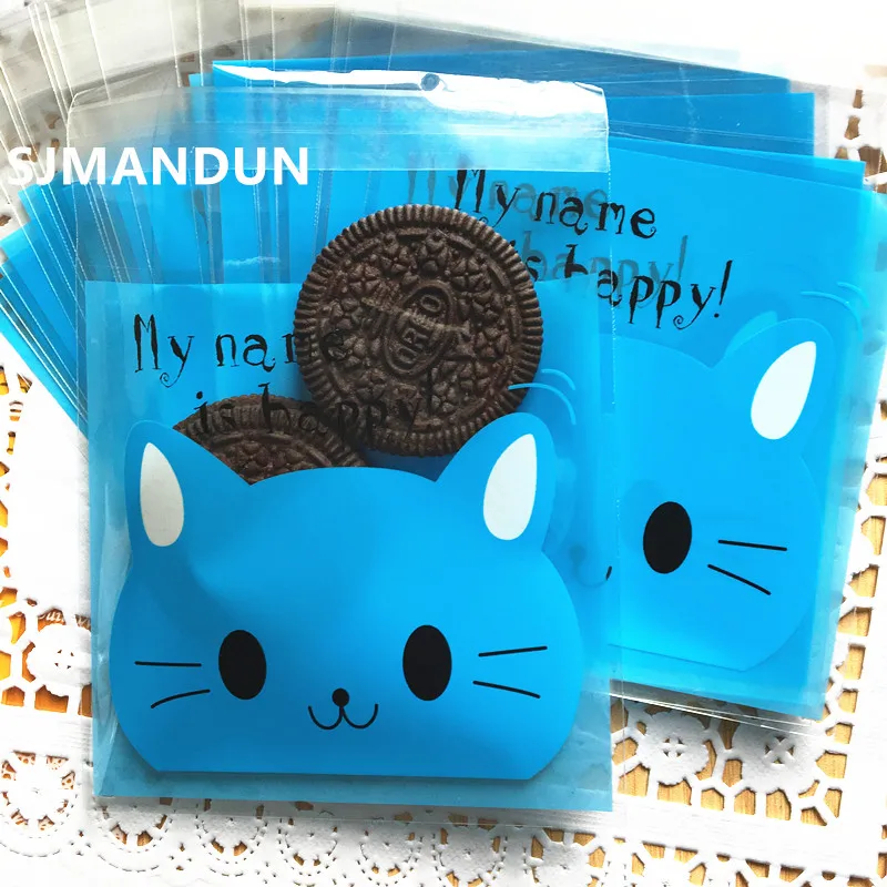 100PCS Blue cat Candy Cake Biscuits Cookies Packaging Bags Self-adhesive Plastic Gifts Bags Party Birthday Snack Baking 10x10cm