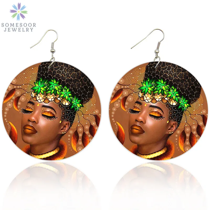 

SOMESOOR Vintage Black Queen Afro Wooden Drop Earrings African Natural Hair Artistic Wood Dangle Jewelry For Women Gifts 1Pair