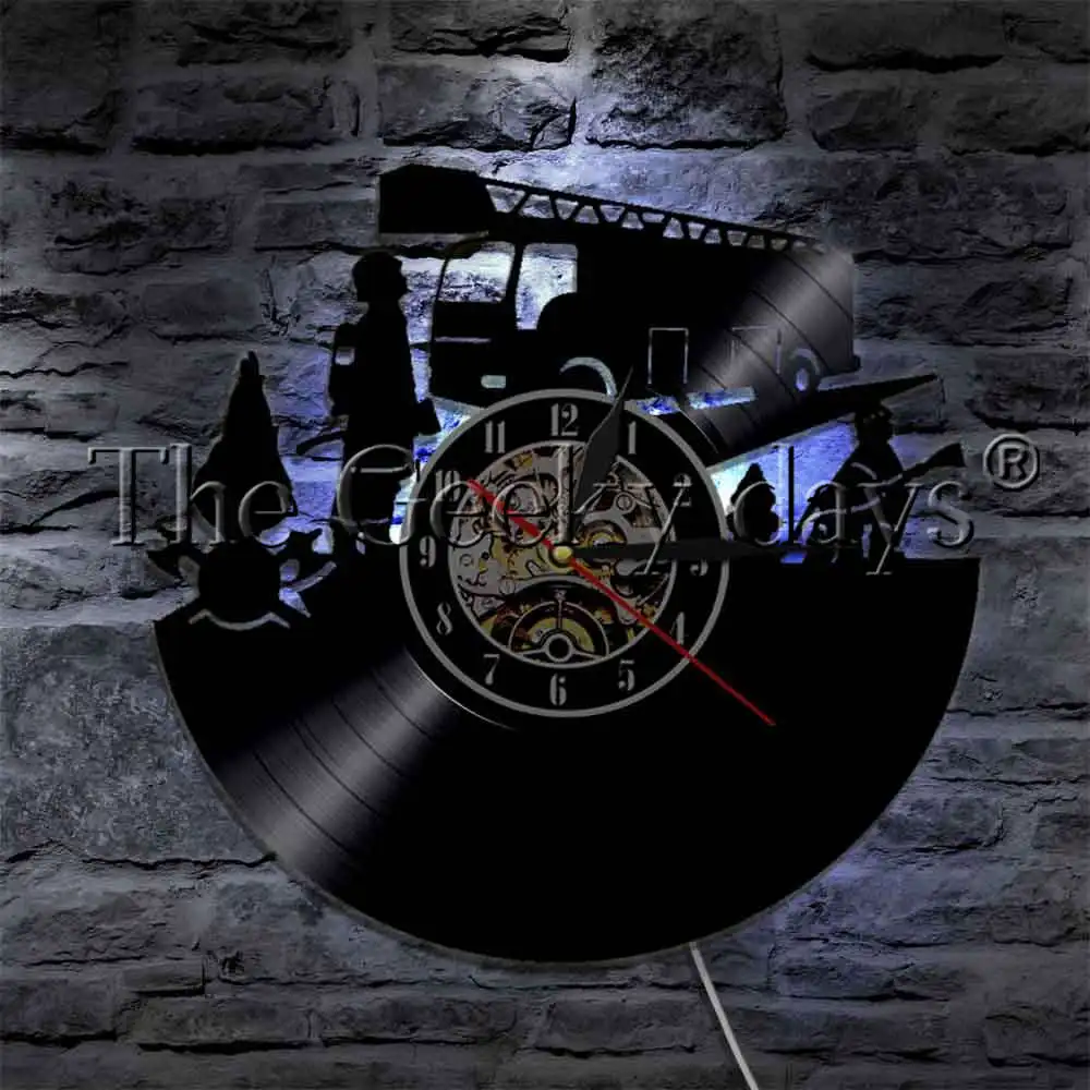 

Firefighter Vinyl Record Wall Clock With LED Backlight Fire Department Modern Wall Lamp Firemen Sign Wall Watch Decor