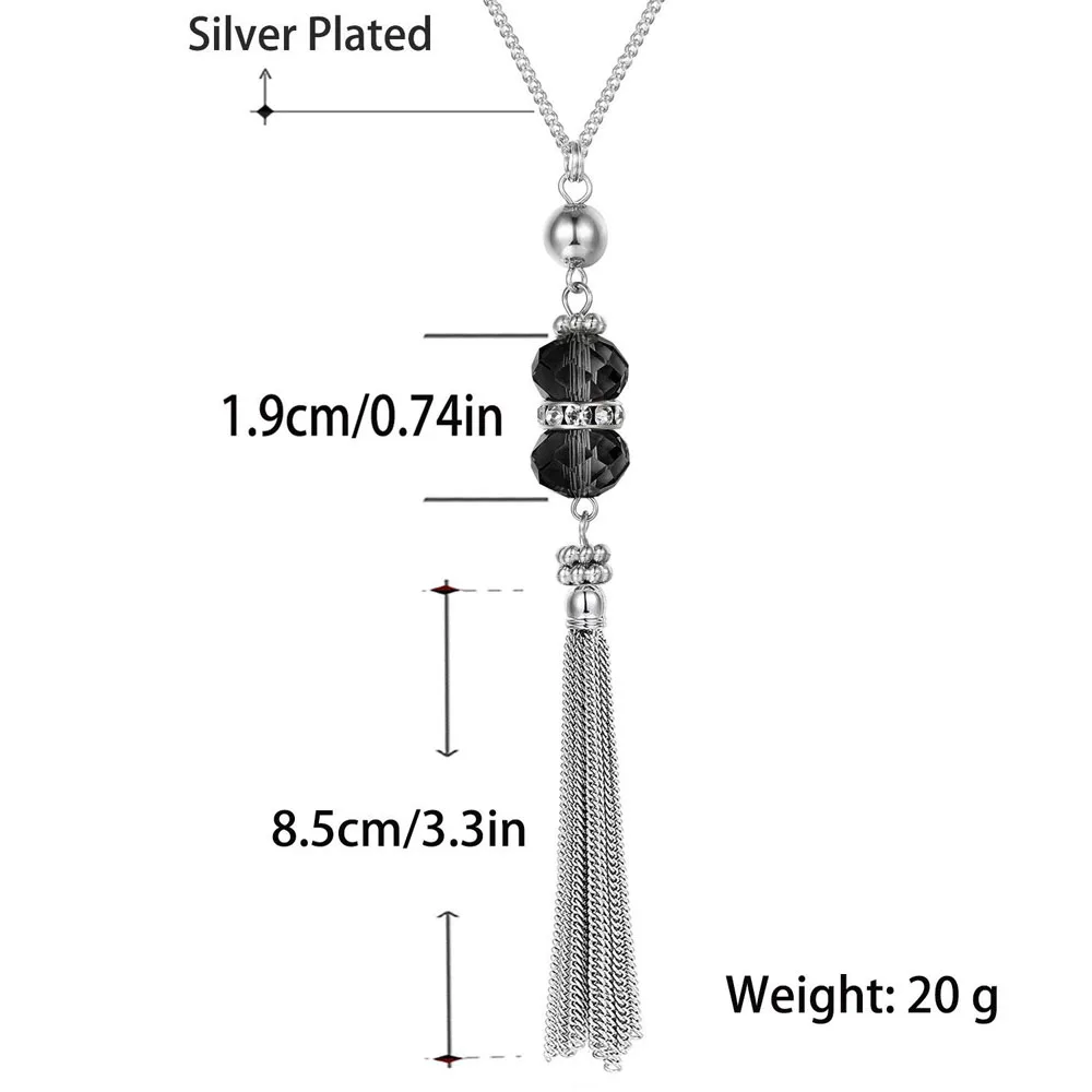 2024 New Crystal Bead Sweater Chain Necklace for Women Fashion Silver Color Tassel Pendant Long Necklace Statement Neck Jewelry