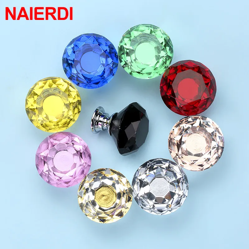 NAIERDI Crystal Glass Knobs Diamond Shape Design Cupboard Drawer Pull Kitchen Cabinet Door Wardrobe Handles Hardware
