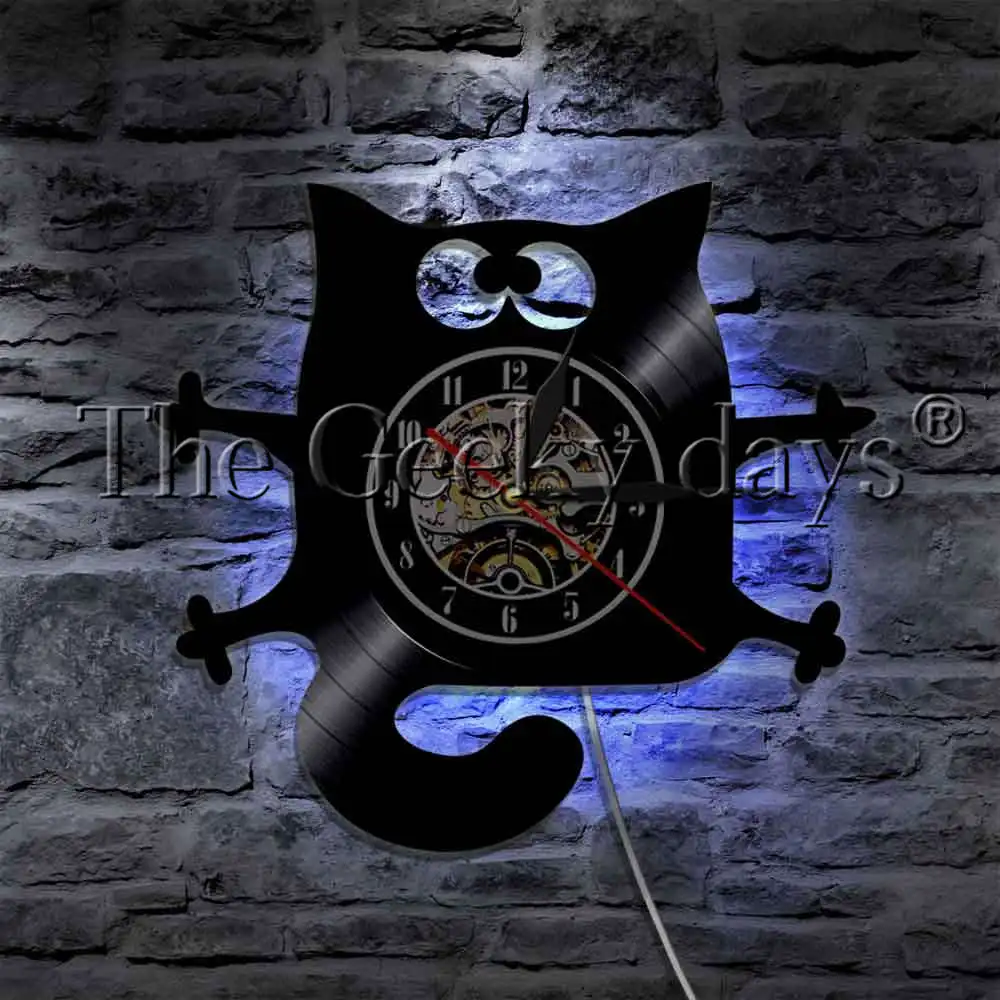 Lovely Cute Pet Black Cat Design LED Wall Lamp Vinyl Record Wall Clock Kitten Kitty Decorative Lighting Modern Wall Light