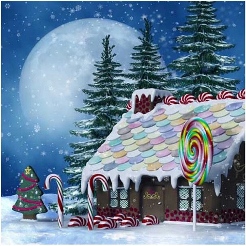 

Falling Snowflakes Christmas Backdrop Printed Blue Sky Moon Winter Snow Pine Trees House Candies Newborn Baby Shower Background