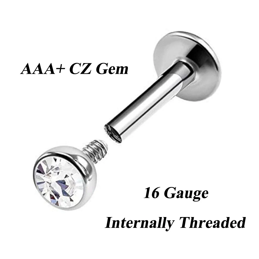 100Pcs Surgical Steel Internally Threaded CZ Gem Labret Stud Lip Ring Crystal Ear Cartilage Tragus Helix Piercing stud Ring 16g