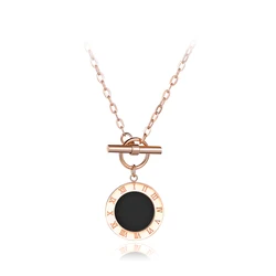 JeeMango Classic Stainless Steel Fine Brand Jewelry Black Shell Roman Alphabet Pendant Neckalces Bridal Wedding Jewelry JN18023