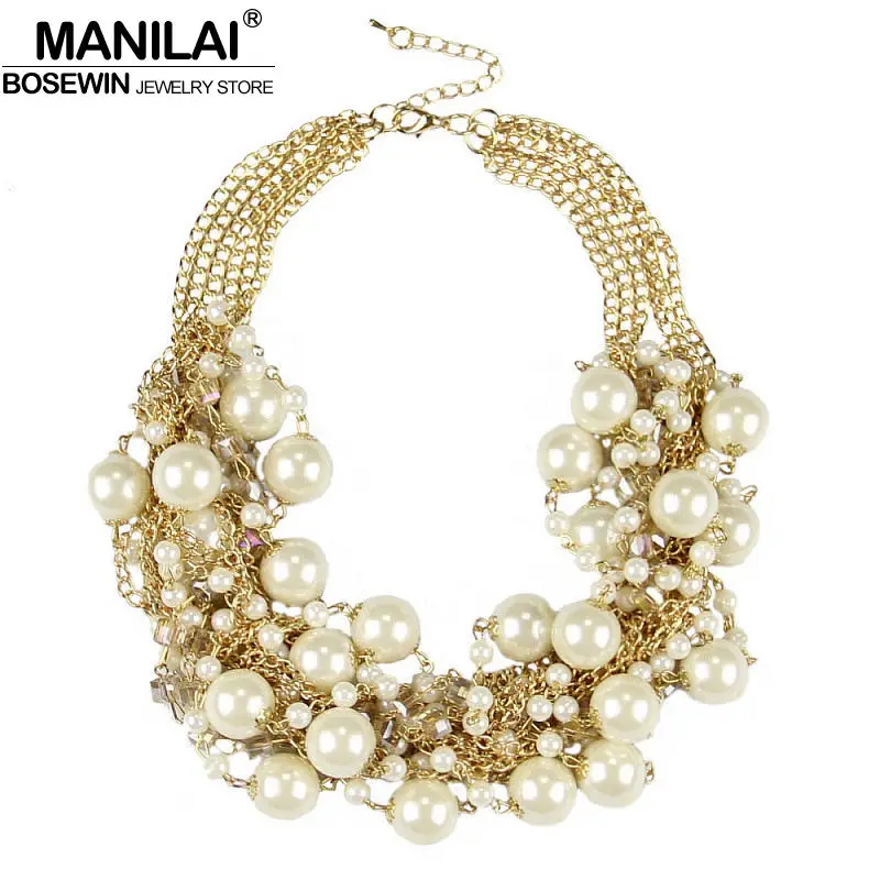 Fashion MultiLayers Chain Cross imitation Pearls Necklace Rhinestone Beads Choker Statement Necklaces Women Bijouterie Collier