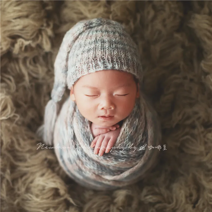 Textured Newborn Vintage Stretch Knit Wrap Bonnet Set For Photo Shoot Fluffy Baby Girl Swaddle Wrap Blanket Layer Hat For Photo