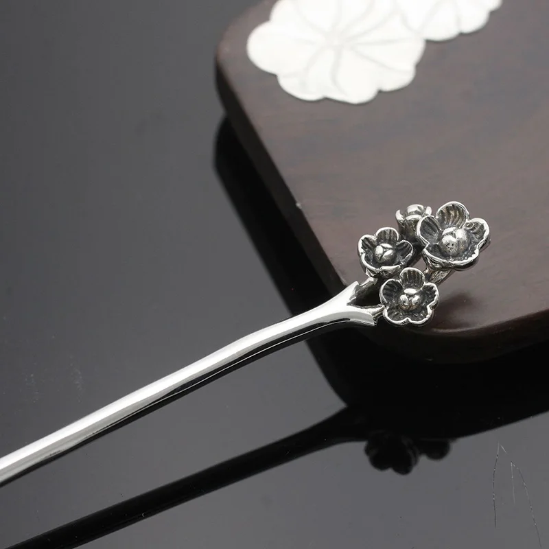 Amxiu Vintage Antique Silver Hair Sticks 925 Sterling Silver Handmade Jewelry Plum Blossom Hairpins