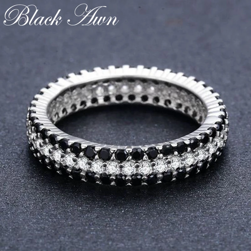 Black Awn 2024 New Classic Silver Color Jewelry Bague Round Black Spinel Engagement Rings for Women Bijoux Femme C443